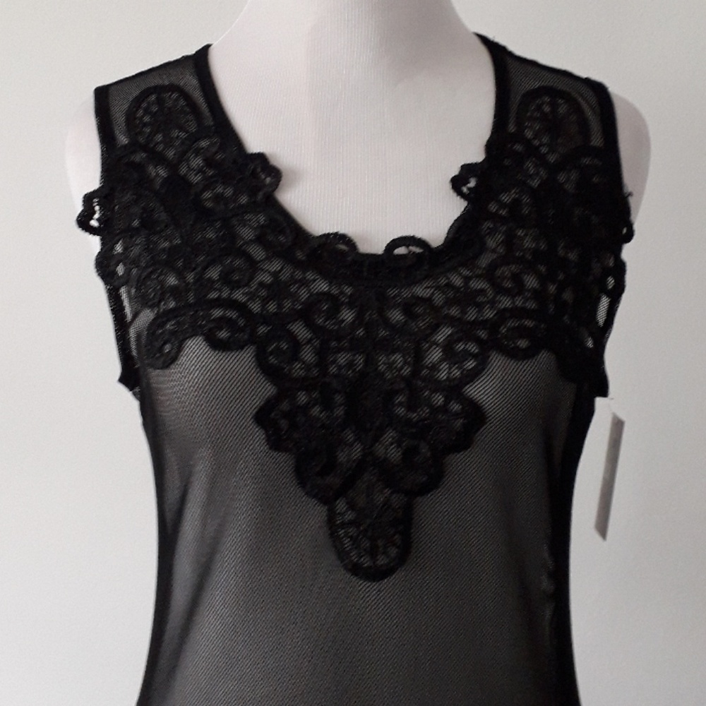 Black Embroidered mesh Tank Top with scalloped hem - Picture 2 of 8
